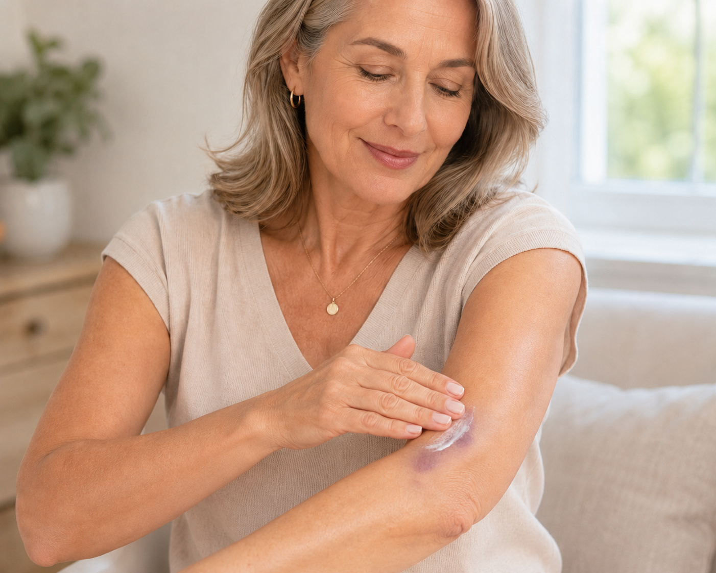 Woman gently applying cream to her forearm
